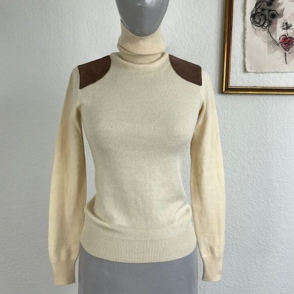 Ralph Lauren Cashmere Suede Shoulder Turtleneck Sweater - Picture 1 of 8
